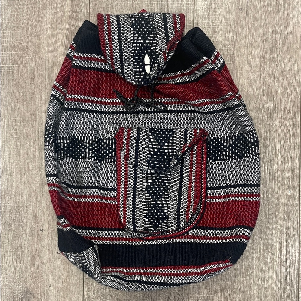 Rasta Bag Beach Hippie Baja Ethnic Red, Blue, Gray With Front Pocket